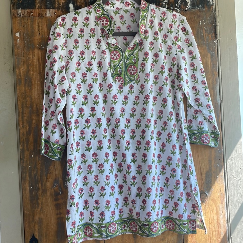 Handmade Indian Floral Split-Neck Tunic Top Kurti Swimsuit Cover-Up Pink Green